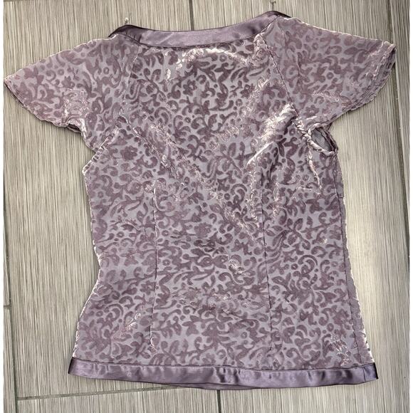 Daisy Fuentes Moda Gray Sheer Satin Trim Babydoll Blouse Velvet Burnout Small - Picture 4 of 5